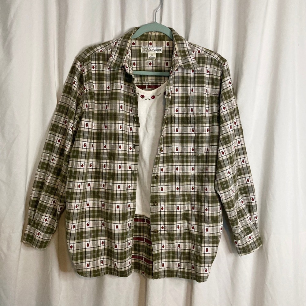 VTG 90s Plaid Apple Embroidered Shirt Chrysantheme L Grandmacore Cottagecore